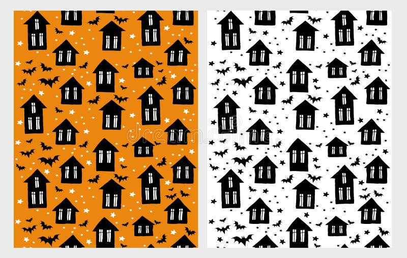Cute Halloween Vector Pattern Set. Scary Houses whit Black Bats. White, Black and Orange Childish Style Design. stock illustration Cute Halloween Vector Pattern Set. Scary Houses whit Black Bats. White, Black and Orange Childish Style Design. stock illustration