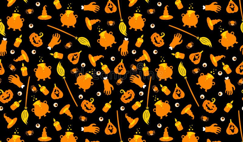 Cute Halloween witch pattern background. Vector Halloween wallpaper with orange magic cauldron, witch hat, spider royalty free illustration