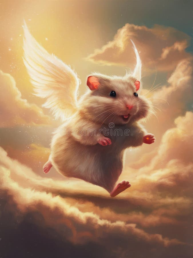 Cute hamster angel in animal heaven. Oil painting on canvas with texture and brush strokes. Grief card. Ideal of crematories, pet shops, parents and friends. Painting watercolor Pet paradise Afterlife