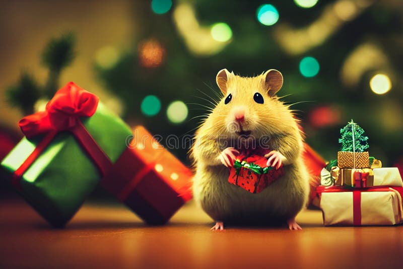 Cute Hamster with Christmas Gift. Ai Generated. Hamster Celebrating
