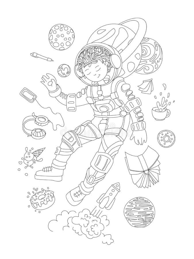 Cute hand draw coloring page with brave astronaut, cosmonaut girl - cute girl floating in space with science elements around - books, tea, coffee, donut, rocket, headphones and planets. Science girl