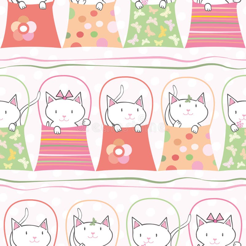 Cute hand drawn cats in handbags in pastel geometric seamless vector pattern. With subtle polka dot background and vector illustration Cute hand drawn cats in handbags in pastel geometric seamless vector pattern. With subtle polka dot background and vector illustration