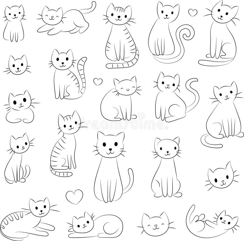 Cute Hand Drawn Doodle Cats Funny Kittens Collection - Simple funny cute doodle cats, line outline icons set vector illustration