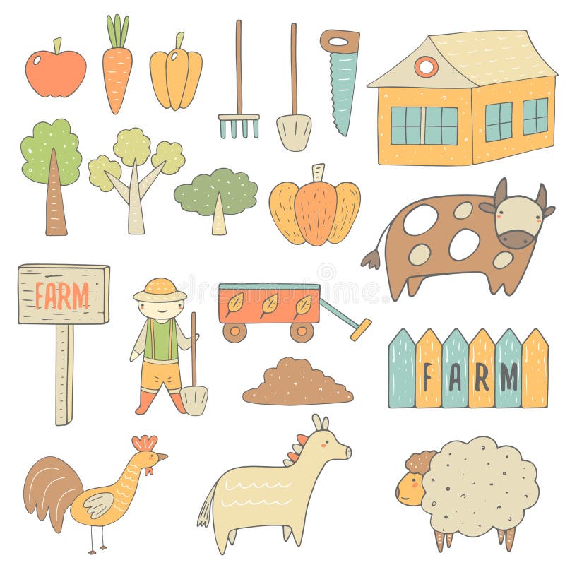 Cute hand drawn doodle farm objects collection stock illustration