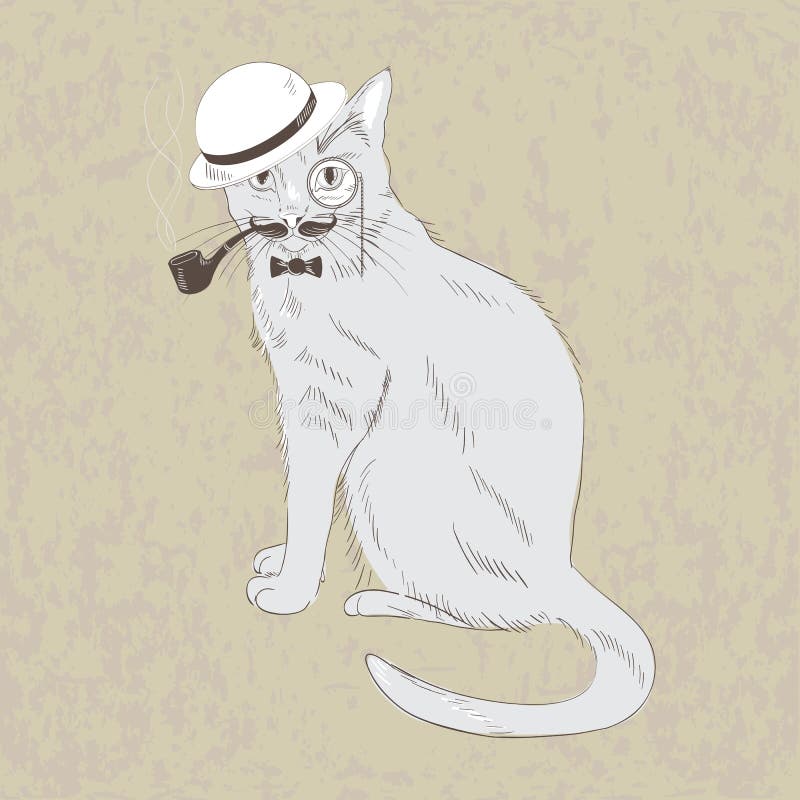 Cute Hand Drawn Gentleman Cat in Hat Bow Tie Monocle Stock Vector
