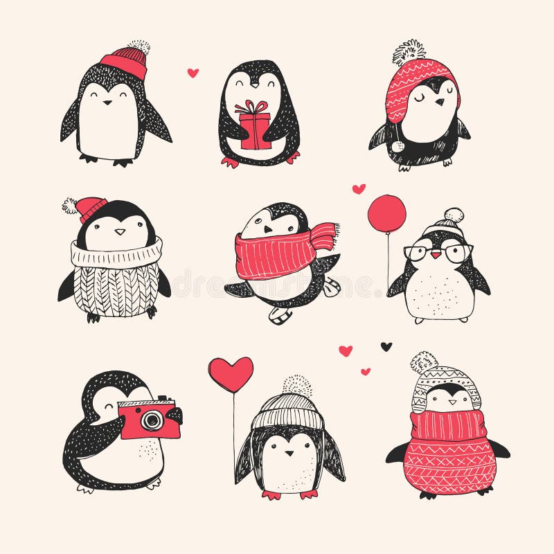 Cute hand drawn penguins set - Merry Christmas royalty free illustration Cute hand drawn penguins set - Merry Christmas royalty free illustration