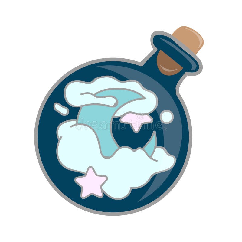 Magic potion: blue bottle jar set with moon, star, cloud. Vector illustration isolated on white. Cute hand drawn round glass of