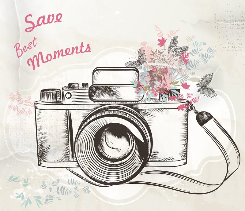 Cute hand drawn vintage camera vector illustration