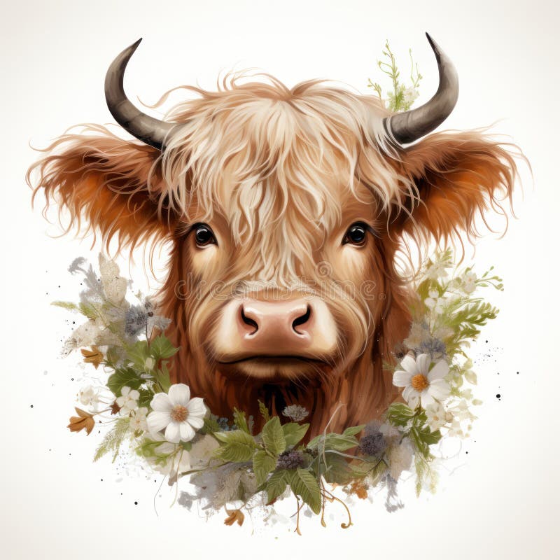 Cute and Happy Baby Highland Cow with Spring Flower Wreath AI Generated