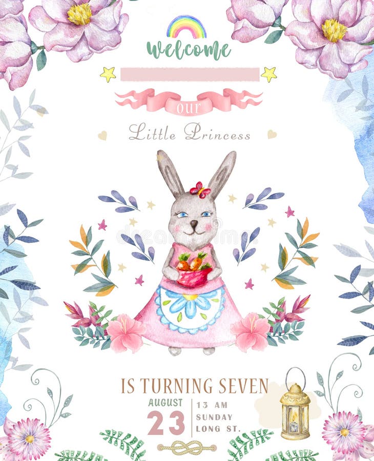 Cute happy birthday card with cartoon Bunny. Watercolor rabbit clip art and beauty boho pink flowers, floral. lamp light and leaf vector illustration Cute happy birthday card with cartoon Bunny. Watercolor rabbit clip art and beauty boho pink flowers, floral. lamp light and leaf vector illustration