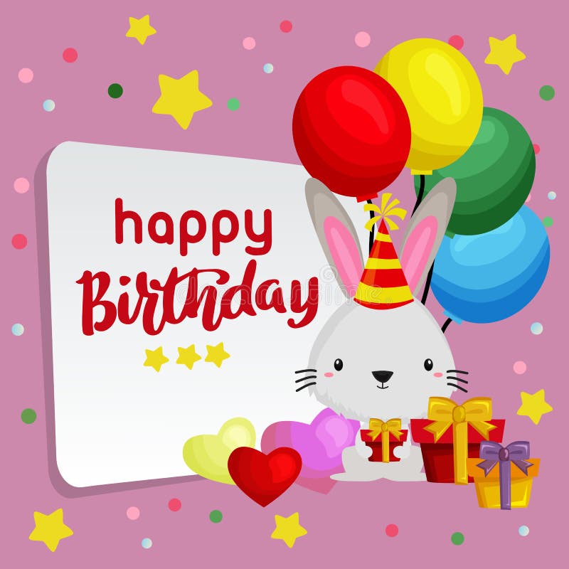Cute Happy Birthday with Rabbit and Balloon Stock Vector - Illustration ...