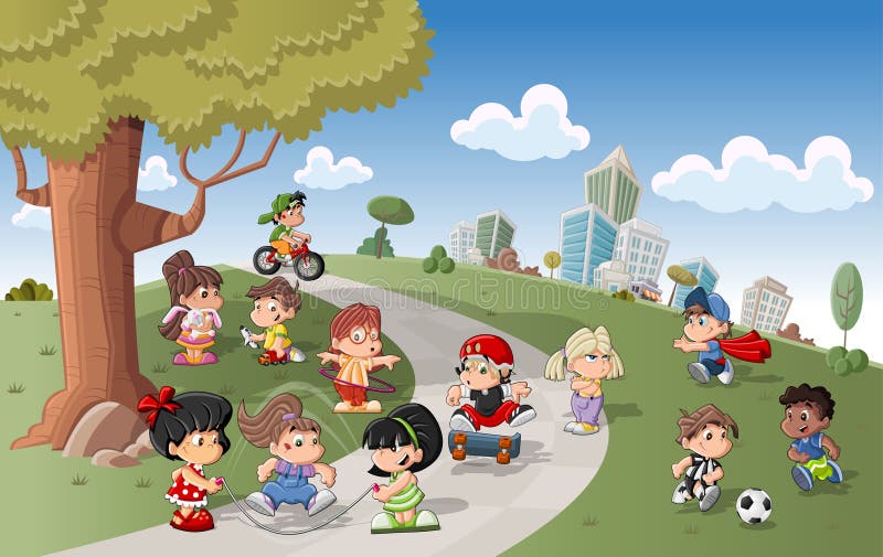 Cute happy cartoon kids playing