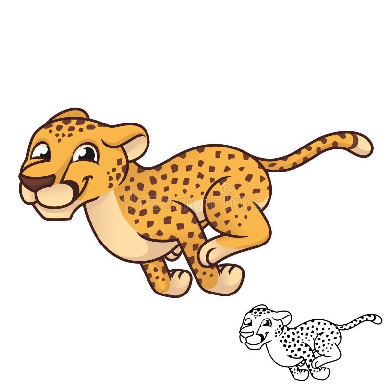 Cute Happy Cheetah Running Fast with Black and White Line Art Drawing stock illustration