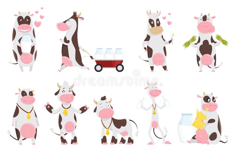 Cute happy cow collection cartoon with milk bottle. Cow eating grass, funny farm animal cartoon character. Happy cow set royalty free illustration Cute happy cow collection cartoon with milk bottle. Cow eating grass, funny farm animal cartoon character. Happy cow set royalty free illustration