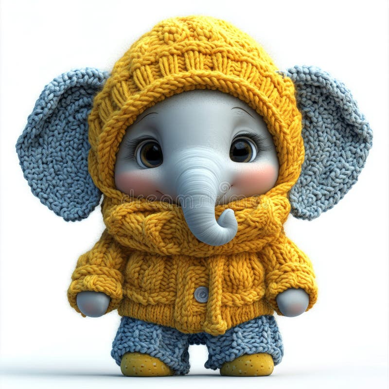 Cute Happy Elephant Isolated on White Background Wearing Cold Weather or Winter Outfit. Cartoon Character - Mascot