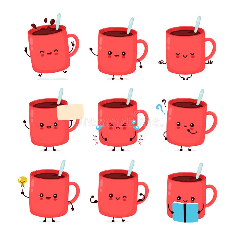 Cute Happy Funny Coffee Mug Set Collection Stock Vector - Illustration of  cute, beverage: 186086387