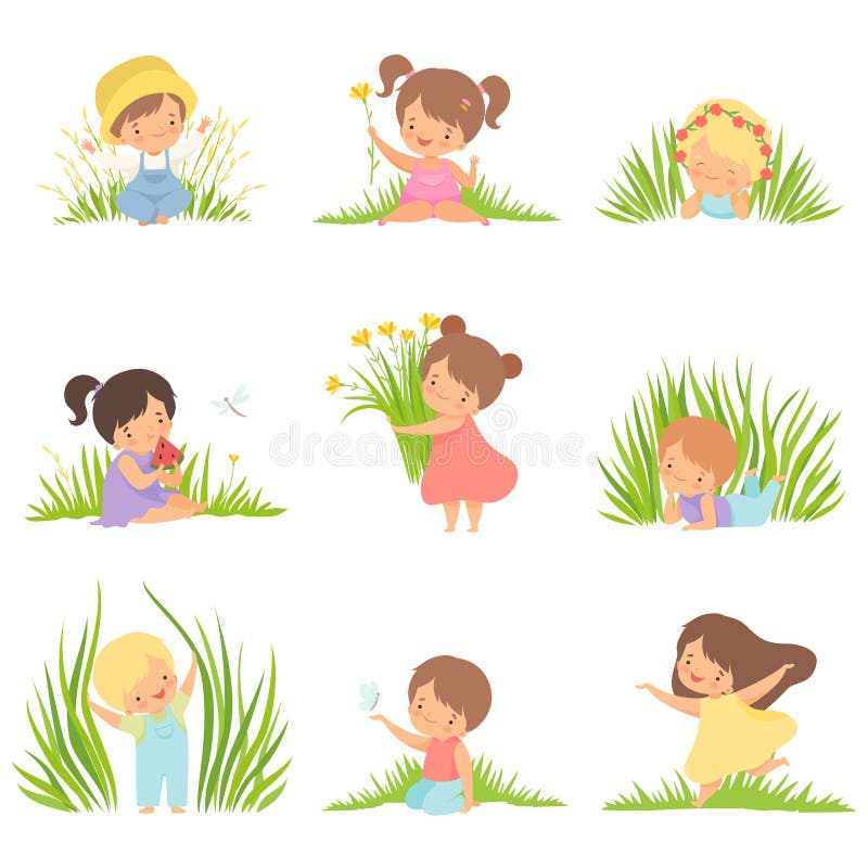 Cute Happy Kids Having Fun on Green Meadow Set, Adorable Little Boys and Girls Cartoon Characters Playing Outside Vector