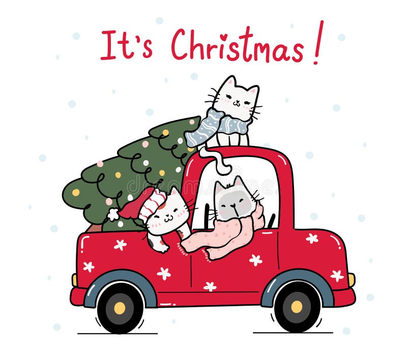 Cute Cartoon family driving a car with Christmas gifts on The Roof
