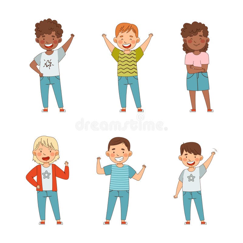 Children jump, a boy and a girl joyfully wave their hands bouncing up.  Vector flat illustration in cartoon style isolated on white background, Stock vector