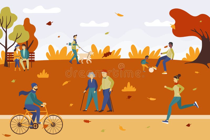 Cute happy men and women in the park. People relaxing in nature in a beautiful autumn park.. Flat cartoon vector illustration.