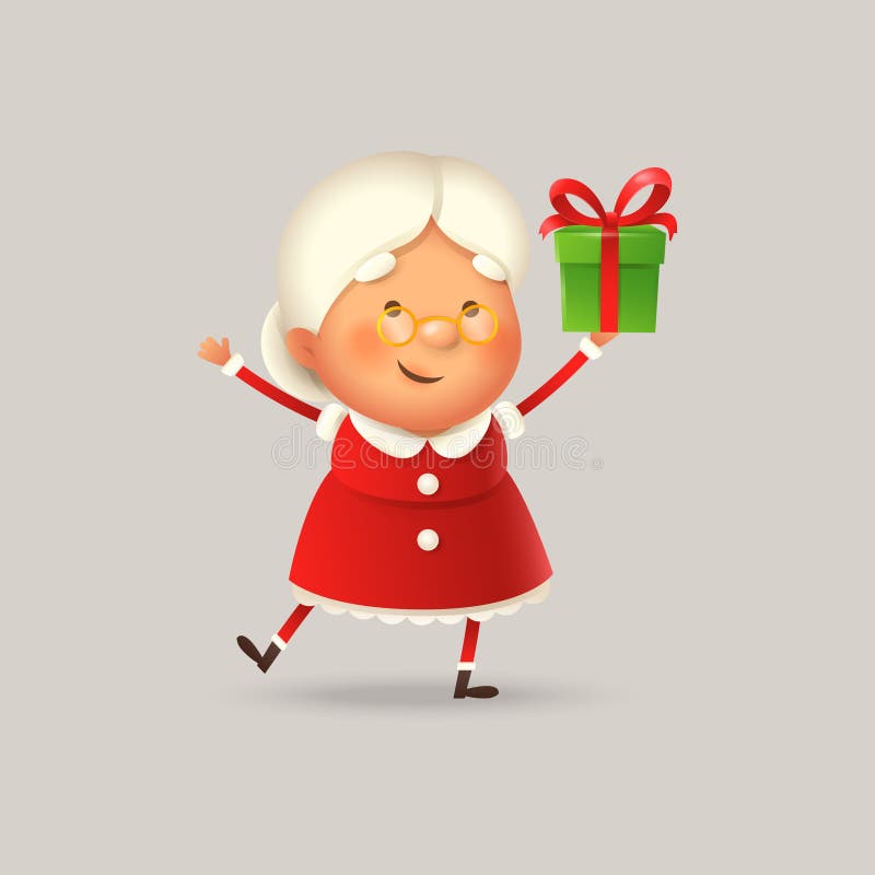 Cute and happy Mrs Claus with gift - vector illustration isolated vector illustration
