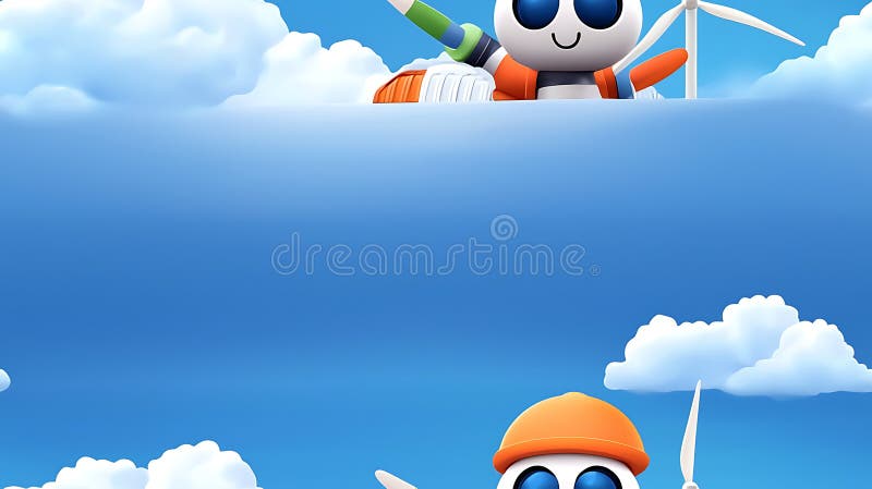Cute happy robot smiling with wind turbines blue sky among clouds, representing renewable energy and clean technology future vector illustration