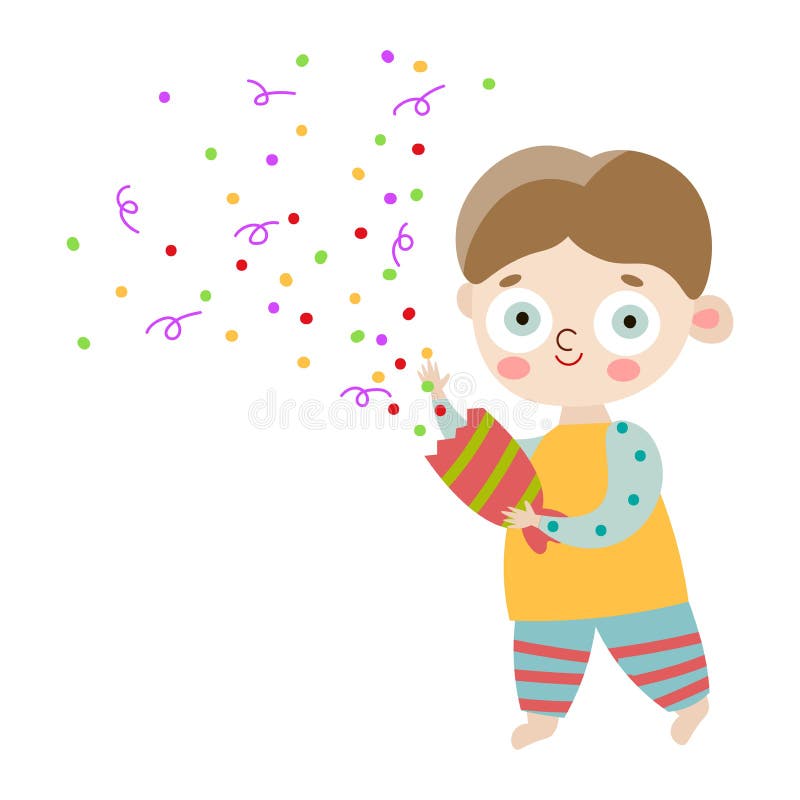 The cute happy smiling boy in striped pants with party cracker. Vector illustration in flat cartoon style. vector illustration The cute happy smiling boy in striped pants with party cracker. Vector illustration in flat cartoon style. vector illustration