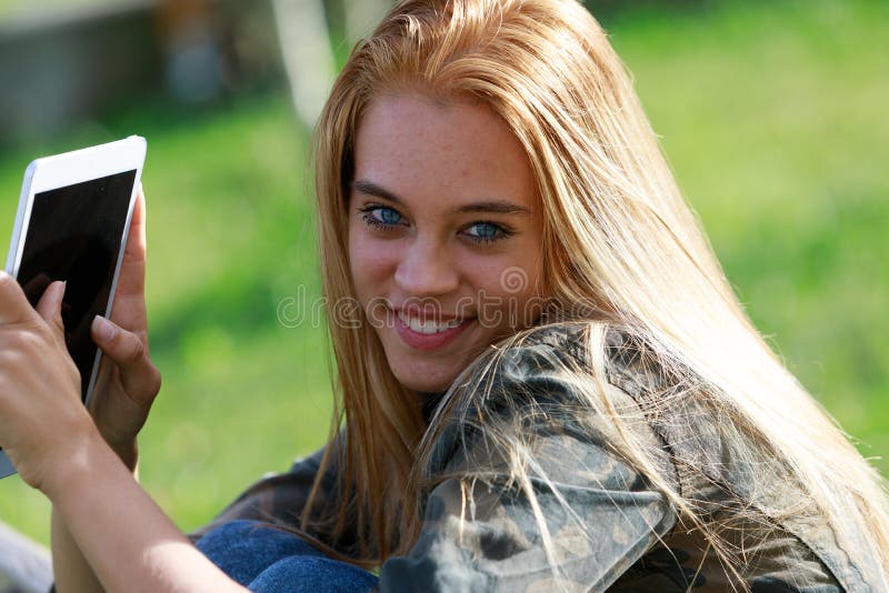 Cute Happy Smiling Young Woman Outdoors In The Garden Stock Image Image Of Denim Enjoyment