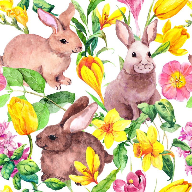 Cute hare animals in beautiful flowers. Spring repeating floral easter background. Watercolor seamless pattern - rabbits