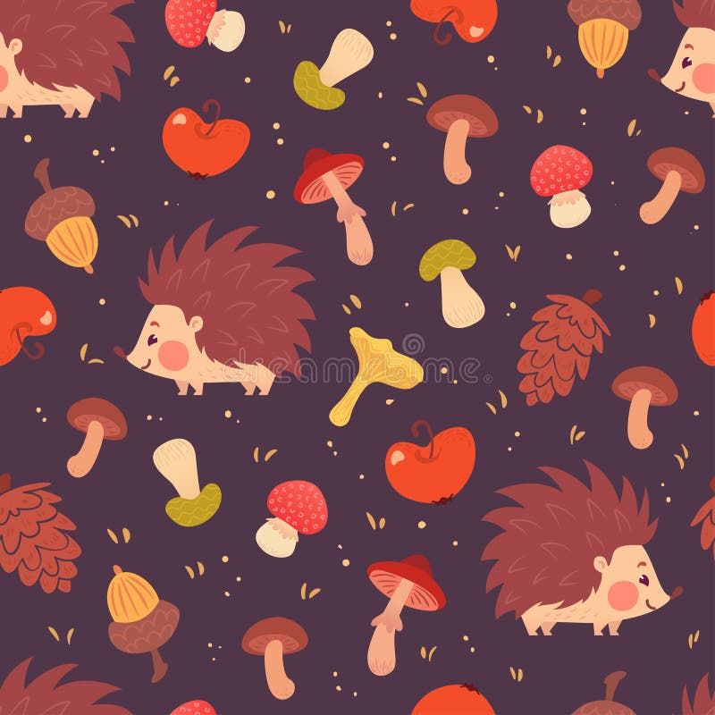 Cute Hedgehogs and Mushrooms Seamless Pattern Stock Vector