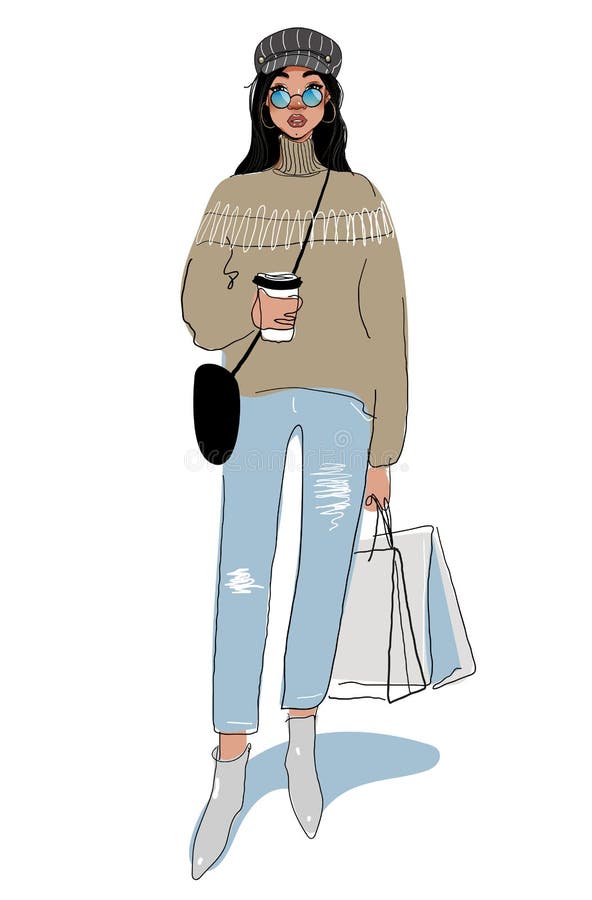 Cute hipster Girl trägt Tasche und Kaffee Moderne junge Frau kauft ein Vektor-Doodle-Abbildung, Skizze vektor abbildung Cute hipster Girl trägt Tasche und Kaffee Moderne junge Frau kauft ein Vektor-Doodle-Abbildung, Skizze vektor abbildung