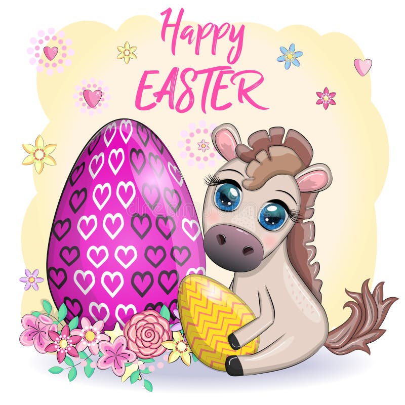 Cute Horse with an Easter Egg. Easter Character and Postcard Stock