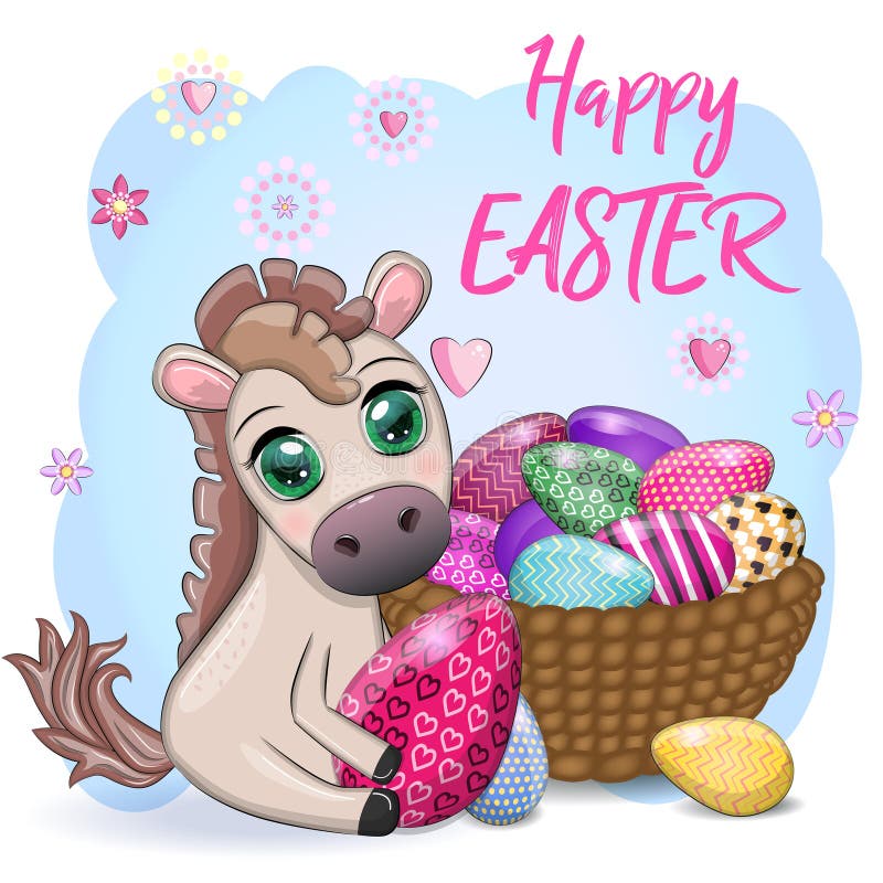Cute Horse with an Easter Egg. Easter Character and Postcard Stock