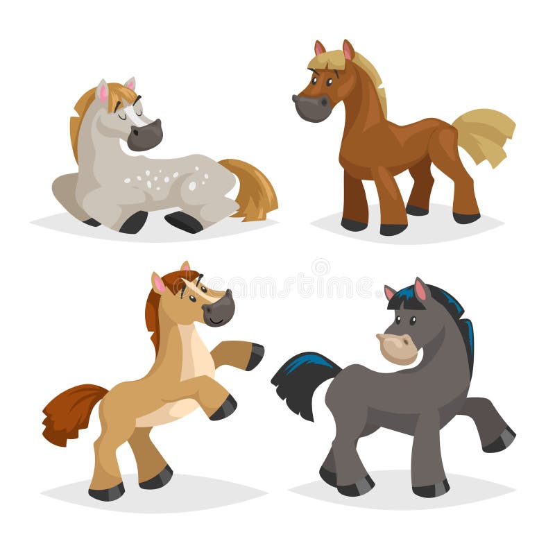 Cute horses in various poses. Cartoon style farm animals. Different colors and breeds. Slleeping, standing, riding and walking hor royalty free illustration
