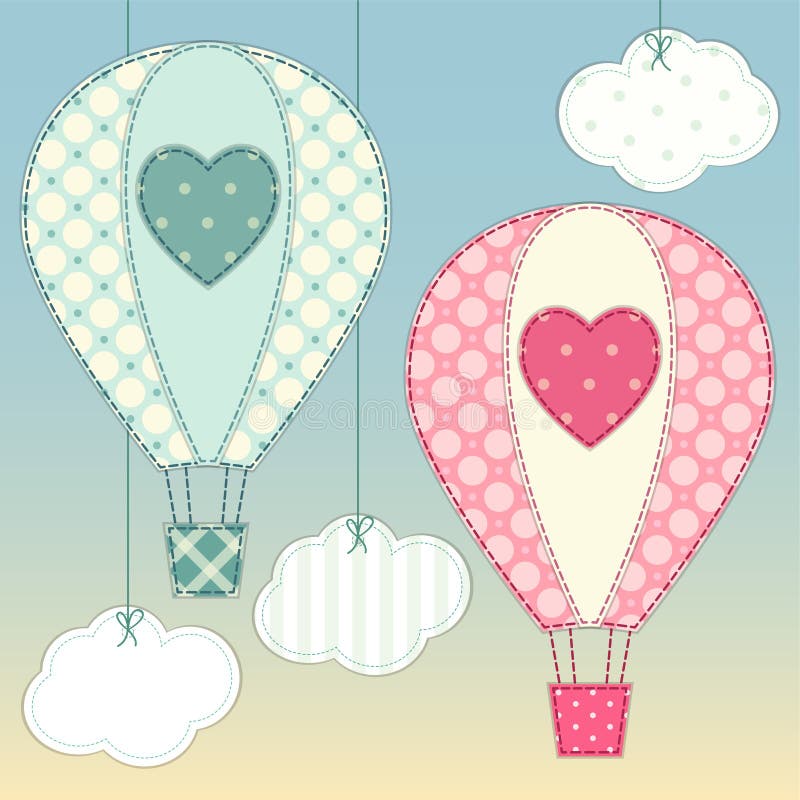 Cute hot air balloons as retro fabric applique in shabby chic style