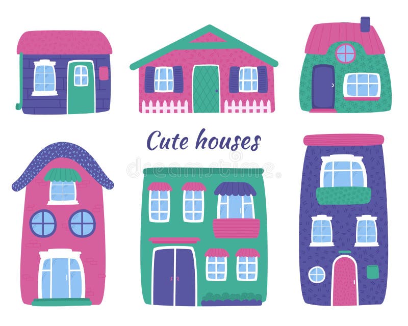 Cute House Set Colourful Home Collection on White Background Stock