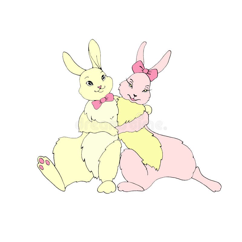 Cute hugging rabbits, hares. Symbol of love, romance. Illustration for Valentine`s Day, Easter, sticker, greeting card, web. Cute hugging rabbits, hares. Symbol royalty free illustration Cute hugging rabbits, hares. Symbol of love, romance. Illustration for Valentine`s Day, Easter, sticker, greeting card, web. Cute hugging rabbits, hares. Symbol royalty free illustration
