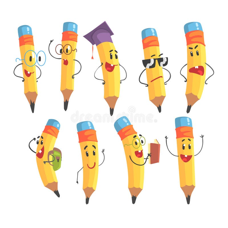 Cute Humanized Pencil Character With Arms And Face Emoji Illustrations Set