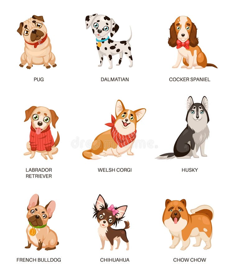 Cute dogs. Furry human friends home animals different breed pug, labrador and husky. Funny pets, happy puppies cartoon vector friendly comic doggy characters. Cute dogs. Furry human friends home animals different breed pug, labrador and husky. Funny pets, happy puppies cartoon vector friendly comic doggy characters