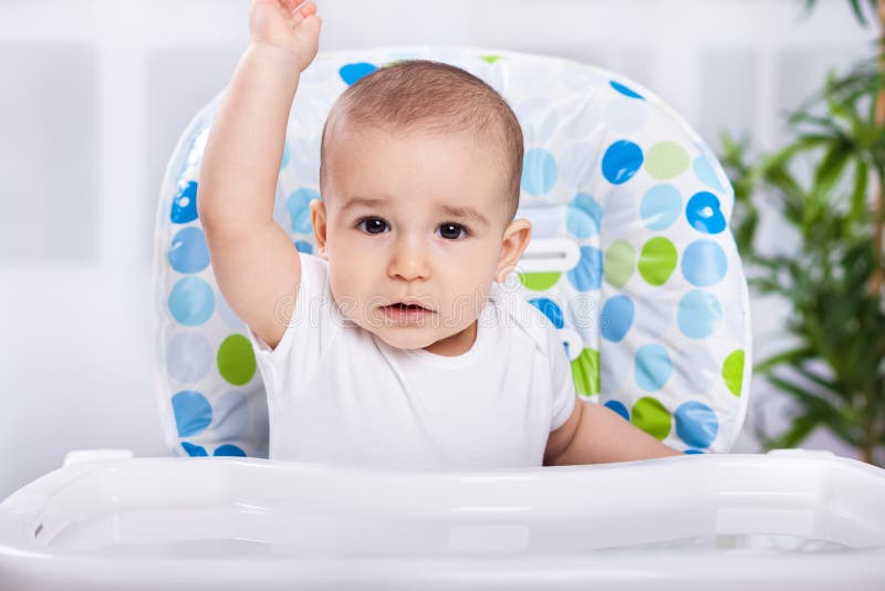 Cute Hungry Baby In Kitchen Chair Ready For Eat Stock Image Image of hand, expressive 53273837