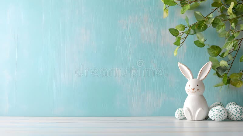 Cute hölzerne Ostersonne Figur mit dekorativen Pastelleiern auf blauem rustikalem Hintergrund. Ideal für Ferien stockfotos