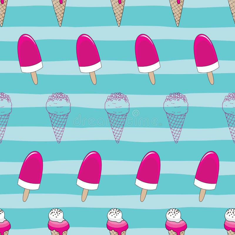 Cute Icecream Seamless Pattern on Blue Striped Background Stock Vector