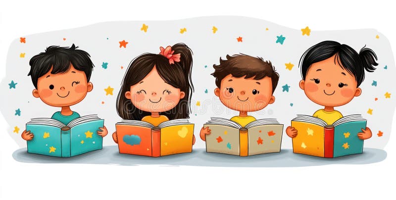 Cute Illustration of Four Kids Reading Books vector illustration