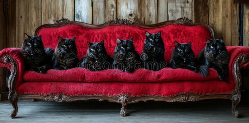 A cute illustration of a group of cats sitting on a couch stock image