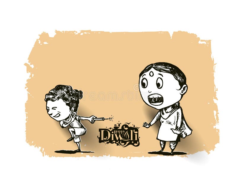 Cute indian kids enjoying firecracker celebrating Diwali, Hand Drawn Sketch Vector illustration