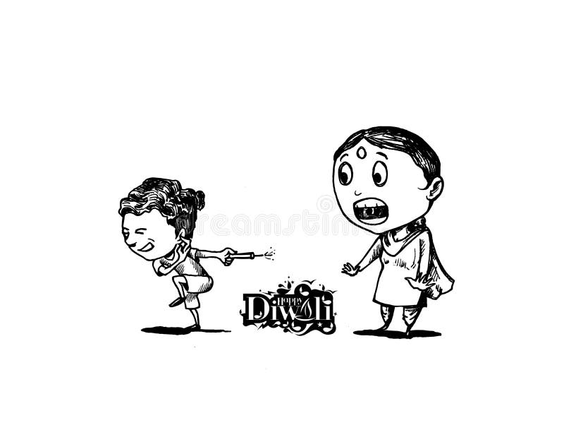 Cute indian kids enjoying firecracker celebrating Diwali, Hand Drawn Sketch Vector illustration