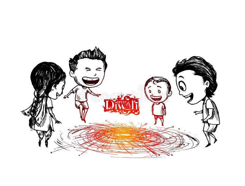 Cute indian kids enjoying firecracker celebrating Diwali, Hand Drawn Sketch Vector illustration