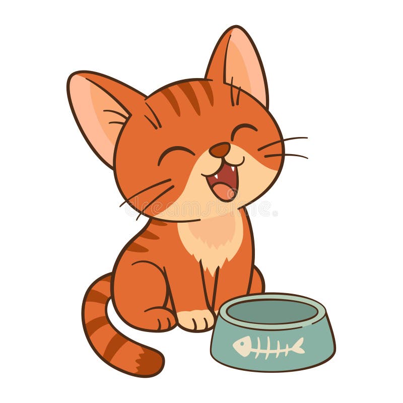 Cute Ingwer Tabby Katze sitzt mit leerer Schüssel. Meaulkitten bittet um Essen. Flachstil vektor abbildung