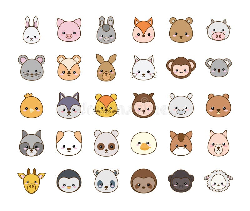 Cute kawaii animals cartoons line and fill style icon set vector design