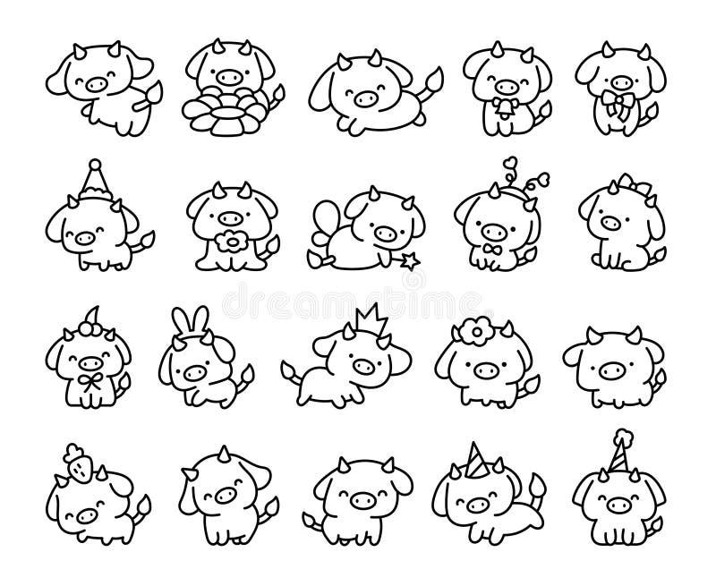 Cute Kawaii Baby Cow. Coloring Page Stock Vector - Illustration of